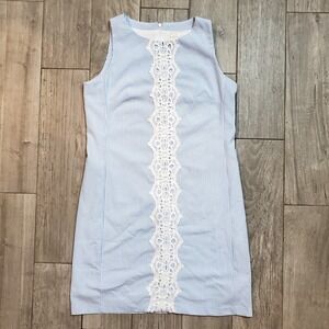 Pappagallo Size 8‎ Seersucker Lace Front Shift Dress Blue White Stripe Lined Zip